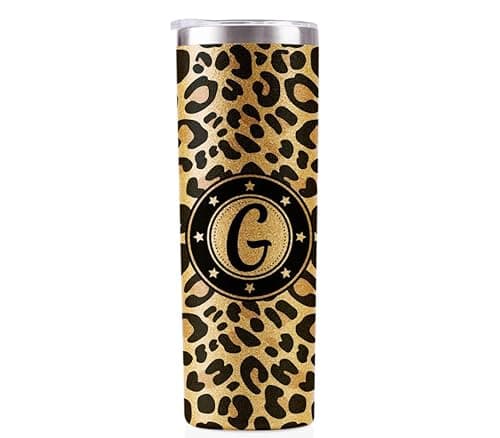 Image of Onebttl Personalised Leopard Print Cup With Initial - Unique Gifts for Women - Birthday, Christmas Ideas - 591ml Vacuum Tumbler With Lid and Straw - Glitter - G
