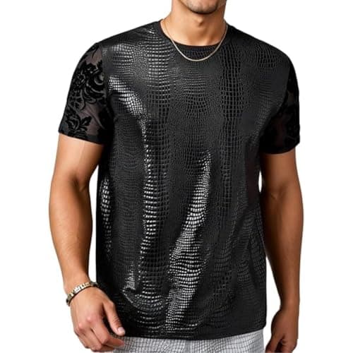 Image of Men's Metallic Top, Short Sleeve Crocodile-Pattern Shiny T-Shirt, Black Round Neck Leather Printed Shirt Tops Streetwear, Slim Fit Mesh Sleeve Blouses for Dance Disco Night Club Outfit Festival Party