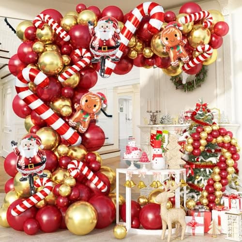 Image of Christmas Balloon Arch Garland Kit, 114Pcs Retro Red Metallic Gold Latex Balloons with Large Cane Gingerbread Man Santa Claus Xmas Foil Balloons for Birthday Merry Christmas Party New Year Decorations