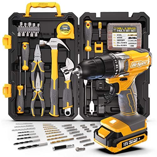 Image of Hi-Spec 81pc 18V Electric Cordless Power Drill Driver and Handy Mans Home, Garage & Workshop DIY Tool Kit Set with Screwdriver and Drill Bit Accessories, Pliers, Wrench in a Toolbox Case