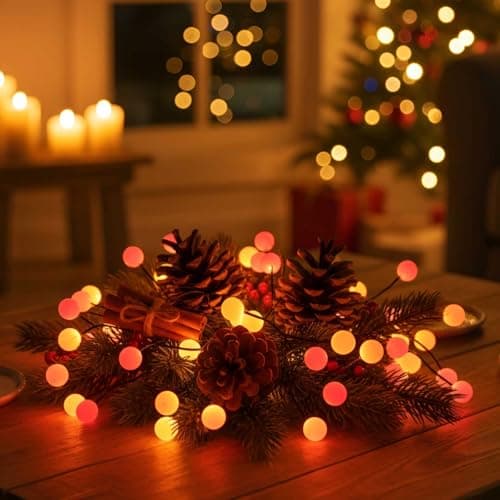 Image of Qbis 40 Berry Cluster Lights - Outdoor/Indoor Christmas Lights with Timer, Battery Powered Fairy String Lights in Red, Orange & Yellow, Autumn and Fireplace Cosy Lighting, Great for Halloween Too!