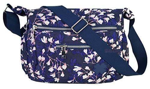 Image of GFM® Women's Nylon Crossbody Bag for Women – Lightweight Waterproof Across Crossover Over Shoulder Cross body Medium Holiday Travel Bag Zip Pockets -S1-Floral-Dark Blue -(JY)(NCB-1503-GHNL-LILY)