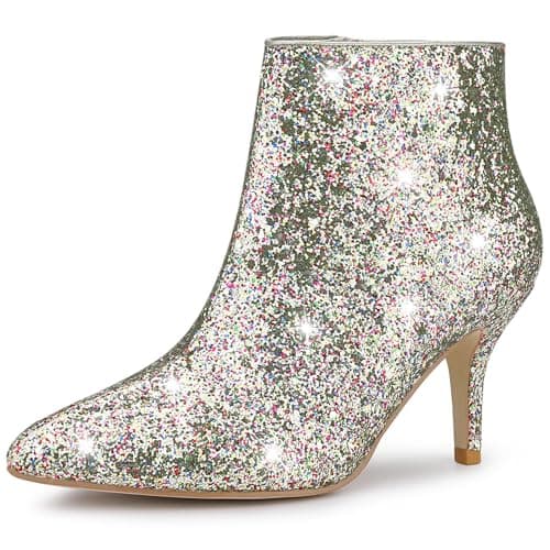 Image of Allegra K Women's Glitter Pointed Toe Stiletto Heel Ankle Boots Silver 6 UK/Label Size 8 US