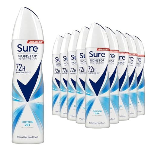 Image of Sure Antiperspirant 72H Nonstop Sweat and Odour Protection Alcohol-Free Body Spray Anti-White Marks with Fresh and Clean Multi Fragrance Deodorant for Women, 150ml Pack of 12 (Cotton Dry)