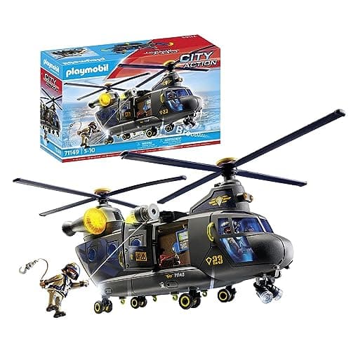 Image of Playmobil 71149 City Action Tactical Police Twin-Prop Helicopter, highly detailed SWAT rescue helicopter with light and sound module, fun imaginative role-play, playset suitable for children ages 5+