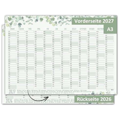Image of Timr Wall Calendar 2026 Including 2027 Eucalyptus Motif - DIN A3 Calendar 12 Months I on Both Sides I tr395