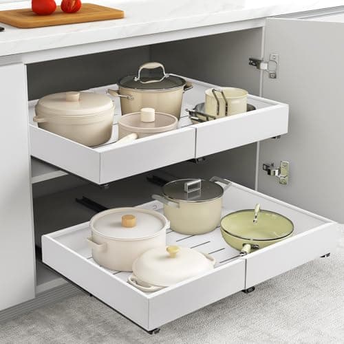 Image of M.J COMFY-LIFE 2 Pack Pull Out Cabinet Organizer - Heavy Duty Slide Out Drawers for Kitchen & Bathroom | Adjustable Width 31.5-52cm | No Drill Installation | 3-Rail System | 34kg Capacity