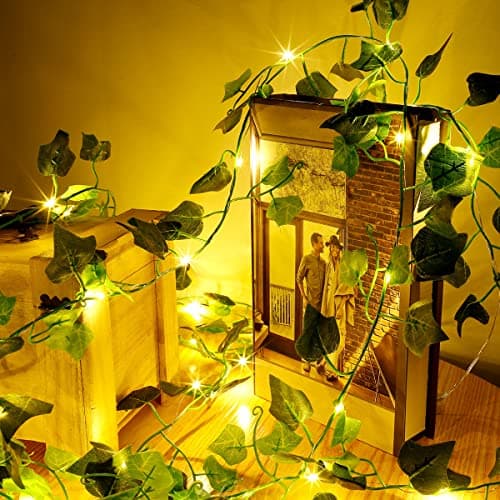 Image of 10M/33ft Vines with Fairy Lights 100 LED, Artificial Ivy Garland Fairy Lights Battery Operated, Flexible Copper String Light Hanging for Home Bedroom Wall Garden Wedding Party Christmas Decor (10M)