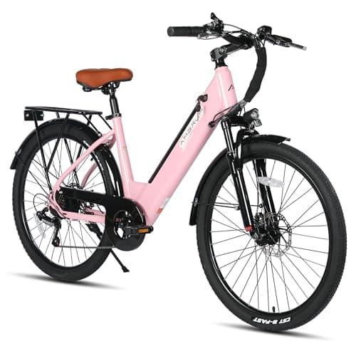 Image of HILAND 26 Inch Electric City Bike, 250W Motor 36V E-Bike for Adults, 7-Speed with Front & Rear Disc Brakes, High-Carbon Steel Frame, 10.4Ah Battery, Unisex Commuter Electric Bicycle, Pink