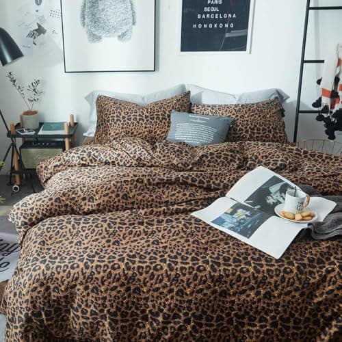 Image of Lanqinglv Leopard Print Bedding King Size Duvet Cover Set Cheetah Print Super Soft Microfiber Quilt Duvet Cover with 2 Matching Pillowcases,Zipper Closure and Corner Ties