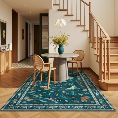 Image of 3x5 Washabl Rug with Insect Print - Bug Rug Non-Shedding Stain Resistant Soft Small Carpet for Bedroom, Low Pile Ultra-Thin Machine Washable Carpet for Nursery,Entrance, Office (3'x5' Teal)