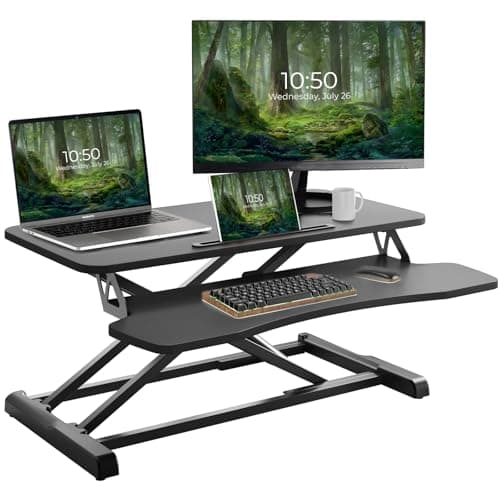 Image of PUTORSEN 32 inch Standing Desk Converter, Height Adjustable Sit Stand Desk Converter for PC Computer Screens, Ergonomic Adjustable Desk Riser with 31 inch Keyboard Tray and Tablet Slot, Black