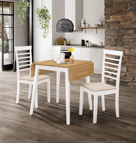 Image of Hallowood Furniture Ledbury Dining Table and Chairs Set 2, Drop Leaf Small Kitchen Table and 2 Chairs with Warm Cream Fabric Padded Seat, Dining Room Sets for Home or Cafe, White and Oak Finish