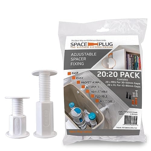 Image of Space-Plug Adjustable Spacer Fixings, 40 Pack of White Spacers, (20 Regular size for 30-50mm gaps, 20 XL size for 45-80mm gaps), Professional & DIY use for kitchen, bedroom & bathroom installations