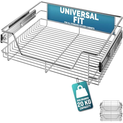 Image of CASARIA® 2x Pull Out Telescopic Kitchen Drawer | For 60cm Units - 56cm Internal Cabinet Dimensions | Chrome-Plated | 20kg Load Capacity | Basket Shelf Organiser Storage Space Saving
