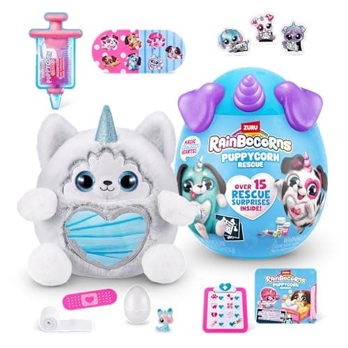 Image of Rainbocorns Puppycorn Rescue Surprise, Miss T the Husky - Collectible Plush - Over 12 Surprises, Peel and Reveal Heart, Stickers, Syringe Slime, Ages 3+ (Husky)