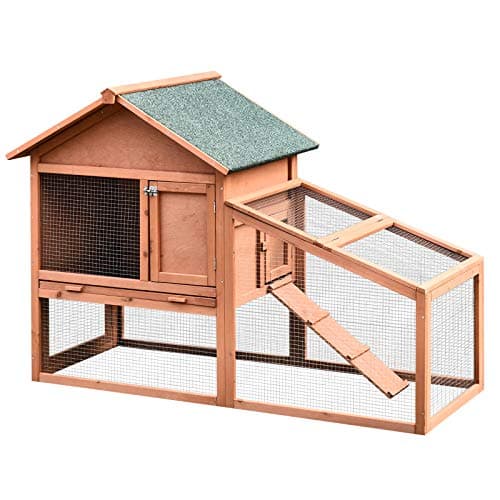 Image of PawHut 2 Tier Rabbit Hutch Outdoor, Guinea Pig Hutch, Solid Wood Bunny House, Water Resistant Asphalt Roof Ramp Sliding tray 144 x 64.5 x 100 cm