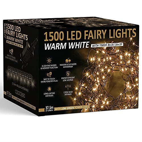 Image of Christmas Tree Lights 1500 LED 37.5m Warm White - 2.5cm Bulb Distance Fairy String Lights Plug in with Timer and Memory Functions - Suitable for Outdoor/Indoor Use