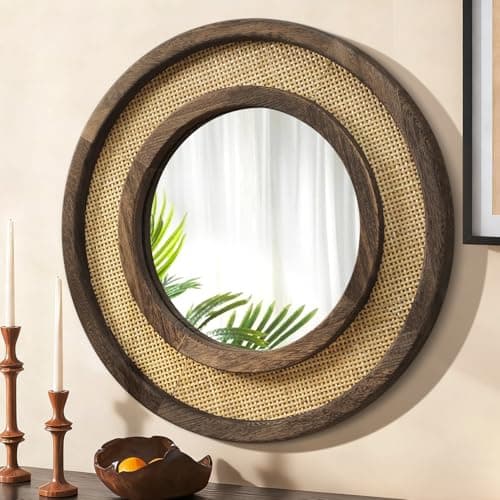 Image of JJUUYOU Round Mirror with Wood Frame Circle Mirrors for Wall 60 CM Circular Hanging Mirrors for Living Room Bathroom Vanity Entryway Hallway Dark Brown