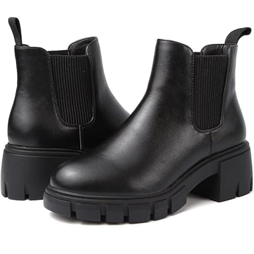 Image of Chelsea Boots Women Ankle Black Boots For Women Uk Platform Ladies Walking Elastic Chunky Heel Lug Sole Slip On Boot Waterproof Winter Booties Size 6 Uk Artificial Leathe Botines Para Mujer Combat