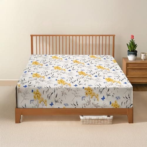Image of DANYDude 100% Egyptian Cotton Floral Printed King Size Fitted Sheet 400 Thread Count Fitted Sheets King Soft & Machine Washable 30cm/12” Extra Deep Fitted Bed Sheets Room Decor