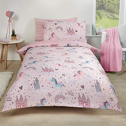 Image of Dreamscene Unicorn Kingdom Girls Single Duvet Cover Set, Valentines Gifts Super Soft Cosy Girls Bedding Single Stylish Reversible Star Stripe Kids Bedding with Pillowcase, Pink