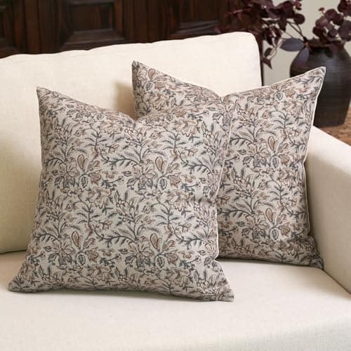 Image of Amor Virisso Floral Throw Pillow Covers 18x18 Set of 2 Couch Pillows for Living Room Farmhouse Vintage Block Print Pillow Covers Decorative Pillow Covers Accent Sofa Pillows, Green/Sand