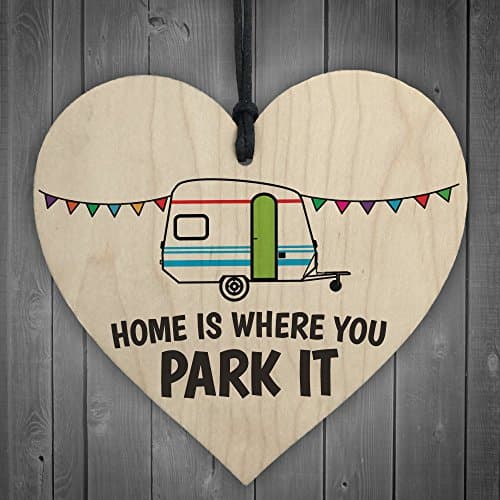 Image of Red Ocean Home Is Where You Park It Novelty Wooden Heart Plaque Caravan Hanging Gift Sign