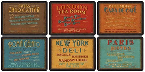 Image of Pimpernel Set of 6 Retro Placemats for Table - 5mm Cork-Backed Placemats Featuring Classic Food Menu Snippets, Heat Resistant to Protect Work Surfaces, 30.5 x 23cm