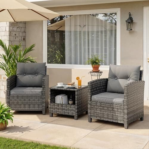 Image of UDPATIO 3PCS Outdoor Rattan Bistro Set, Wicker Patio Conservatory Furniture Set with Storage Coffee Table & Thick Cushions Sofa Chairs, Metal Frame Garden Furniture Sets for Balcony (Grey-Mottled)