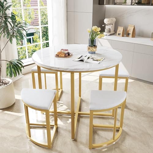 Image of Merax Dining Table and Chairs Set 4, Round Marble Dining Table-80x80x75 cm and 4 semi-circular White Upholstered velvet Stools(can be stored under the table), White Gold frames, for Small Space