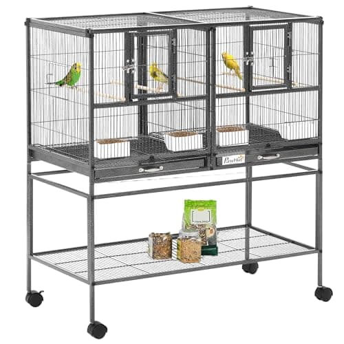 Image of PawHut 40" H Divided Breeder Bird Cage with Rolling Stand Removable Metal Tray, Storage Shelf, Wood Perch, and Food Container, Dark Grey