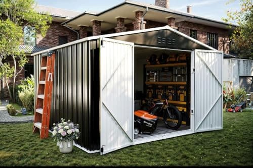 Image of UDPATIO Outdoor Storage Shed 8x8 FT, Outside Sheds & Outdoor Storage Metal Galvanized Steel Yard, Patio, Lawn, Tool Shed with Lockable Door for Can, Bike, Lawnmower, Generator,Dark Grey