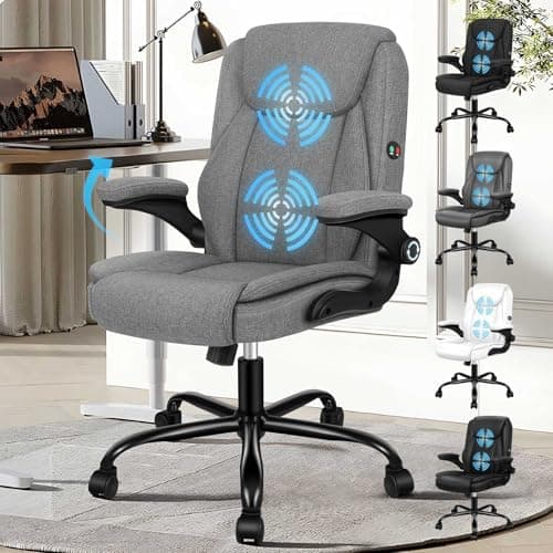 Image of ELFORDSON Massage Office Chair, Mid-back Executive Chair with 90° Flip-up Armrests, Comfy Work Chair with adjustable Height, Ergonomic Swivel Gaming Chair, Fabric, Grey