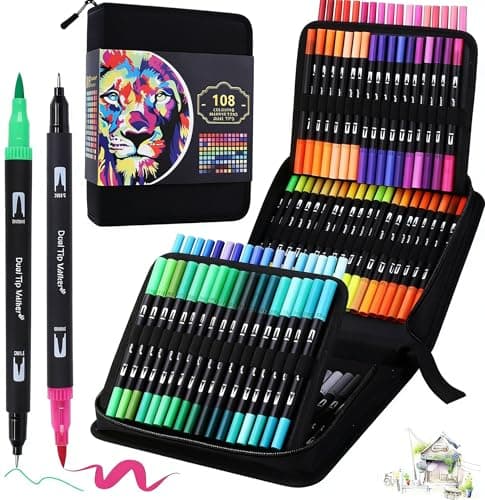 Image of BEMAYSZ 108 Colours Dual Tip Colouring Brush Felt Tip Pens, Pens for Adult Adults Colouring Books Calligraphy Drawing Painting Sketching Highlighting Dual Brush Marker Pens