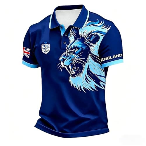 Image of Men's Polo Shirts Short Sleeve Cotton Collared Neck Button Down England Britain Football T Shirt Athletic Stretch Breathable Lightweight Outdoor Sports Polo Shirts Plus Size,Blue,XL