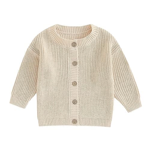 Image of Geagodelia Toddler Baby Girl Boy Warm Sweater Cardigan Long Sleeve Solid Color Button Down Knitted Pullovers Tops Shirt Knit Jumpers Sweatshirt Winter Warm Chunky Knitwear (Cream White, 2-3 Years)