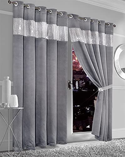 Image of Olivia Rocco Diamante Blackout Eyelet Curtains With Tie Backs Black Out Thermal Ring Top Curtain Pair Window Dressing, 66" (Width) x 54" (Drop) Silver