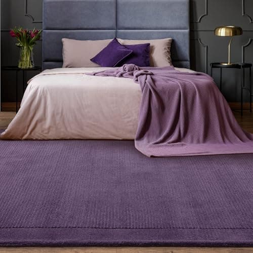 Image of Lord of Rugs Wool Rug for Living Room Dining Bedroom Hand Made Modern Bordered Quality Soft Plain Rug Purple Medium 120x170 cm (4'x5'6")