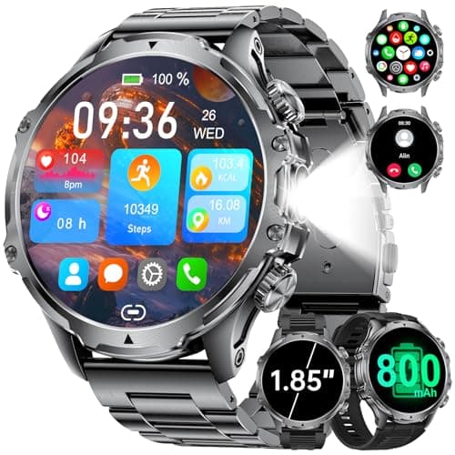 Image of Smart Watch for Men with 800mAh/LED Flashlight, 1.85'' Smartwatch with Bluetooth Call/30+ Days Standby/Health Monitor, IP68 Waterproof Sport Tactical Military Fitness Tracker Watch for Android iOS