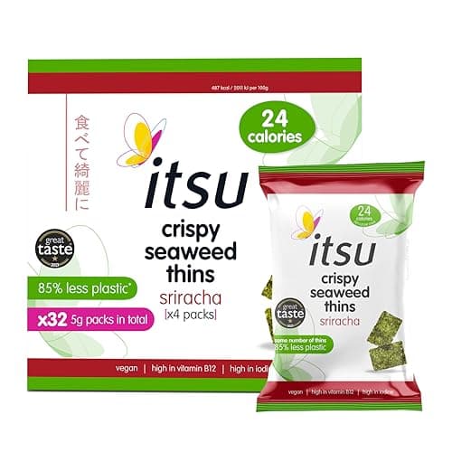 Image of itsu Sriracha Flavour Seaweed Thins 5g | Crispy Seaweed Thins | Vegan | Low Calorie | Healthy Snack | Pack of 32