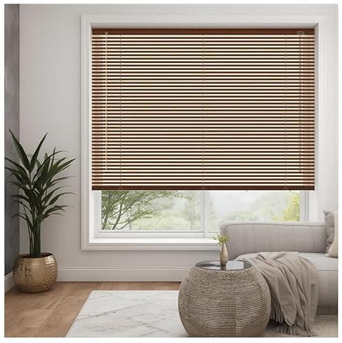 Image of Walnut - Wood grain Effect PVC venetian Blind - Width 110cm x Drop 150cm - 25mm Horizontal Slats - Easy Fit Trimmable fitting with Tilt control Wand Mechanism