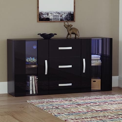 Image of Vida Designs Astro 2 Door 3 Drawer Modern LED Sideboard in Black, RGB Lights (Fade/Strobe Options Included), Wooden Matte Style with High Gloss Features