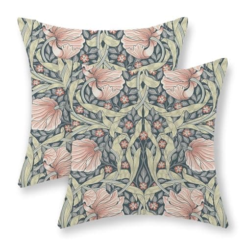 Image of JEFERSO Green Pink Floral Pillow Covers 18x18 Set of 2 William Morris Throw Pillows Vintage Botanical Flower Art Decorative Pillow Cases Outdoor Decor Farmhouse Linen Cushion Case for Couch Sofa