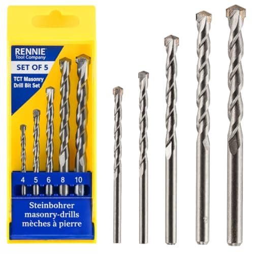 Image of Rennie Tools - 5 Piece (4 5 6 8 10mm) Tungsten Carbide (TCT) Masonry Drill Bit Set for Concrete Brick Porcelain Ceramic Tile Plastic Wood
