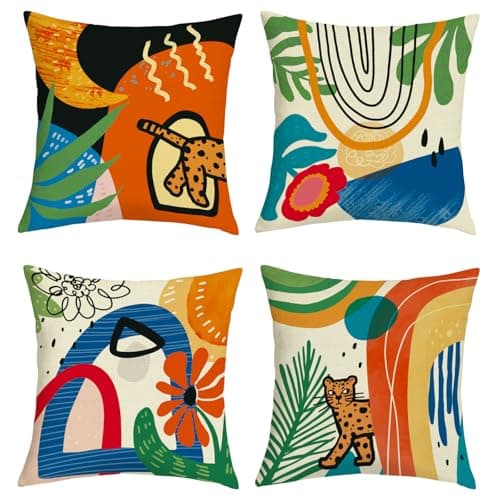 Image of Joymaison Boho Floral Geometric Cushion Covers 45 x 45 Pack of 4 Abstract Modern Orange Aesthetic Floral Square Throw Pillow Case Decorative Sofa Cushion with Invisible Zipper