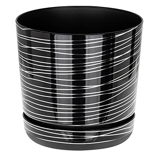 Image of KORAD Modern Indoor Plant Pot – Small & Large Round Plastic Planter with Saucer – Black with Silver Stripes – Lightweight Decorative Pot with Drainage Holes for Succulents-(16cm - 6.3 inch)