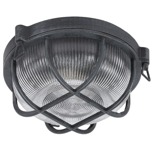 Image of Antique Grey & Ribbed Glass Outdoor Vintage Round Flush Bulkhead Wall Light | 27cm Diameter | IP44 Rated | 1 x ES E27 Lamp Bulb Required | Bathroom Use | UK Approved | Low Profile Height Only 11cm