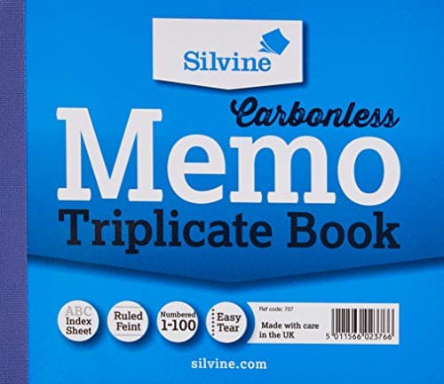 Image of Silvine Carbonless Triplicate Memo Book - Numbered 1-100 with index sheet (102 x 127mm) [Pack of 5], Blue