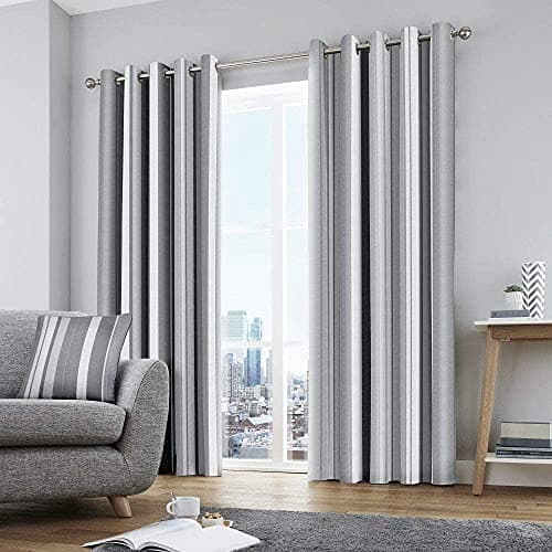 Image of Fusion Stripe Curtains – Grey – W229 x L229cm – 2 Panels – 100% Cotton – Eyelet – Grey Striped Drapes for Bedroom & Living Room – Matching Cushion Available